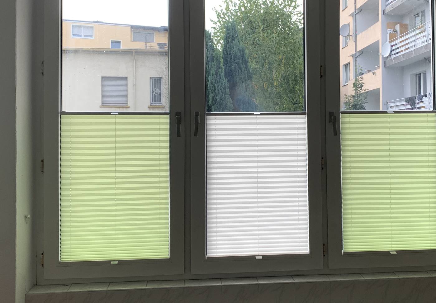 Fenster mit einer Kombination aus grünen und weißen Plissees